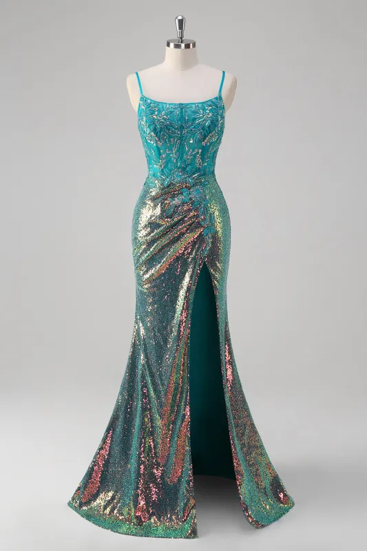 Peacock Green Mermaid Spaghetti Straps Corset Sequined Prom Dress with Slit made by Wedtrend