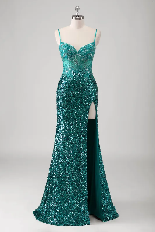Glitter Peacock Green Mermaid Spaghetti Straps Sequin Long Prom Dress With Slit made by Wedtrend