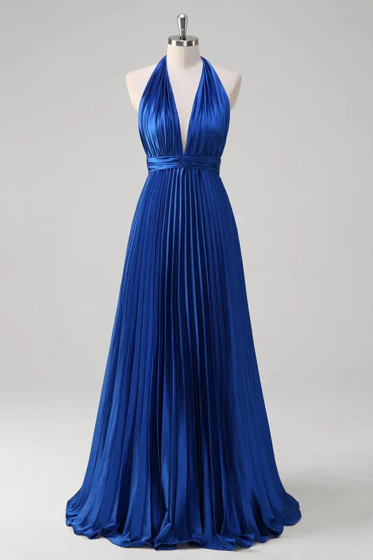 Royal Blue A-Line Halter Pleated Open Back Long Bridesmaid Dress sold by Wedtrend