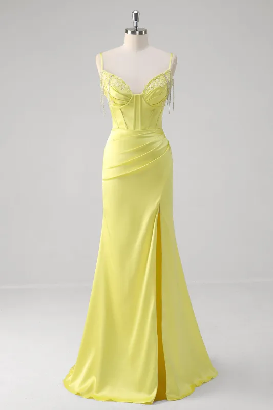 Yellow Mermaid Spaghetti Straps Corset Beaded Long Prom Dress With Slit made by Wedtrend