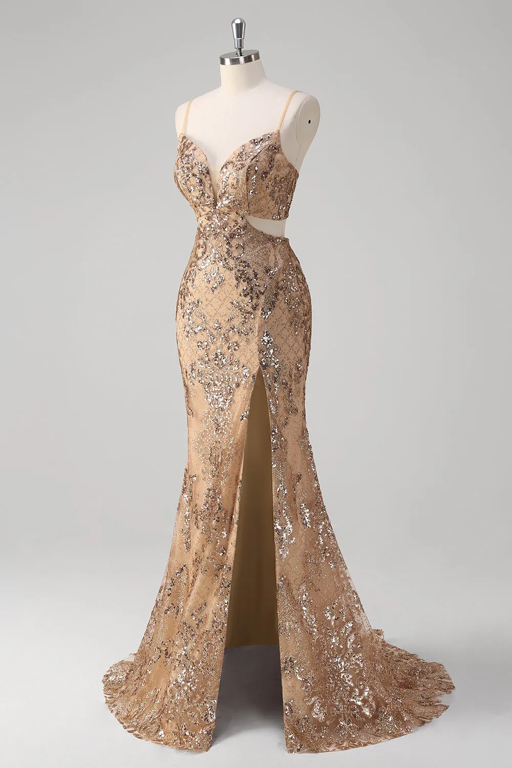 Sparkly Champagne Mermaid Cut Out Sequin Long Prom Dress with Slit sold by Wedtrend product image thumbnail 3
