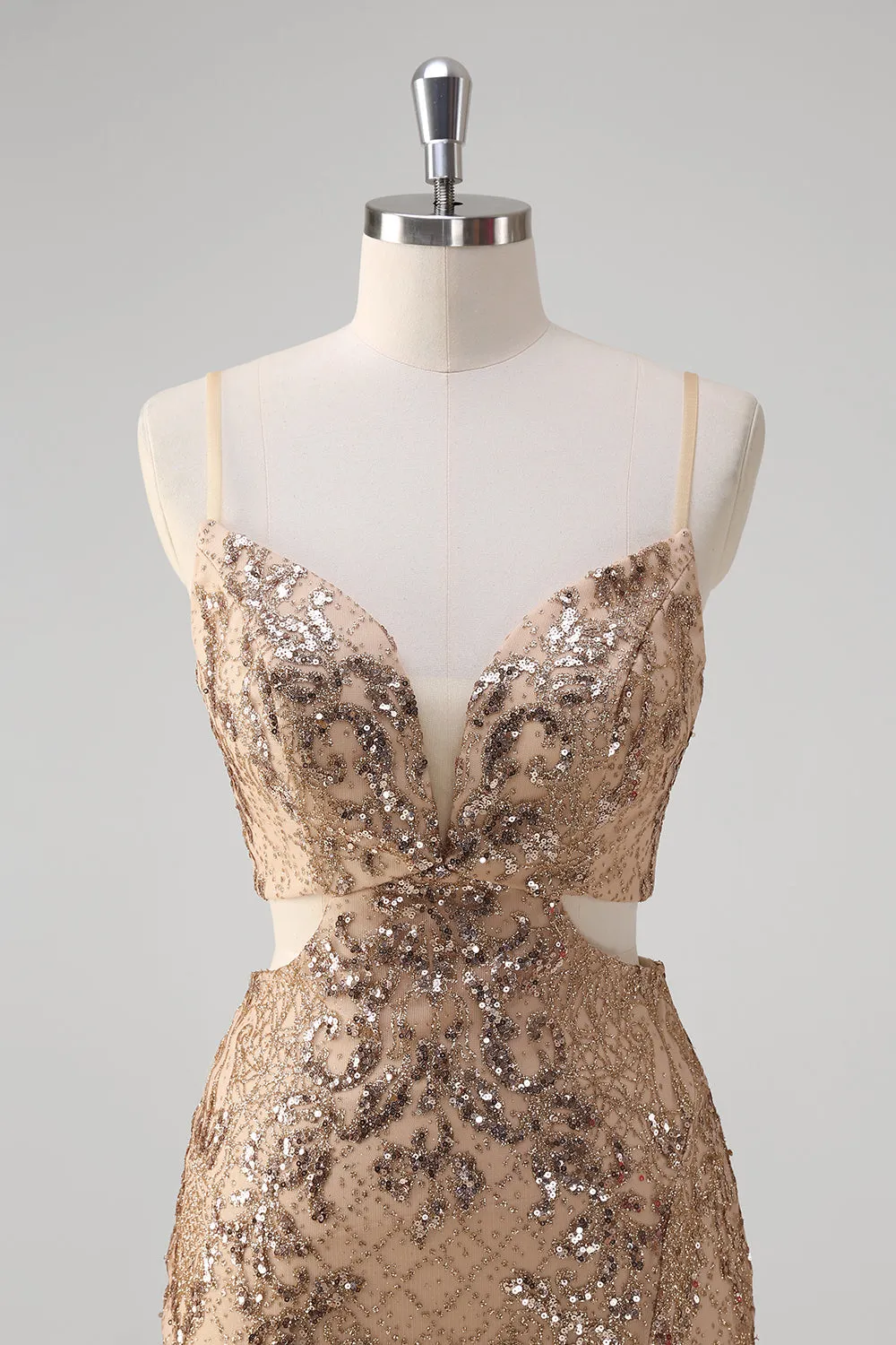 Sparkly Champagne Mermaid Cut Out Sequin Long Prom Dress with Slit sold by Wedtrend product image thumbnail 4