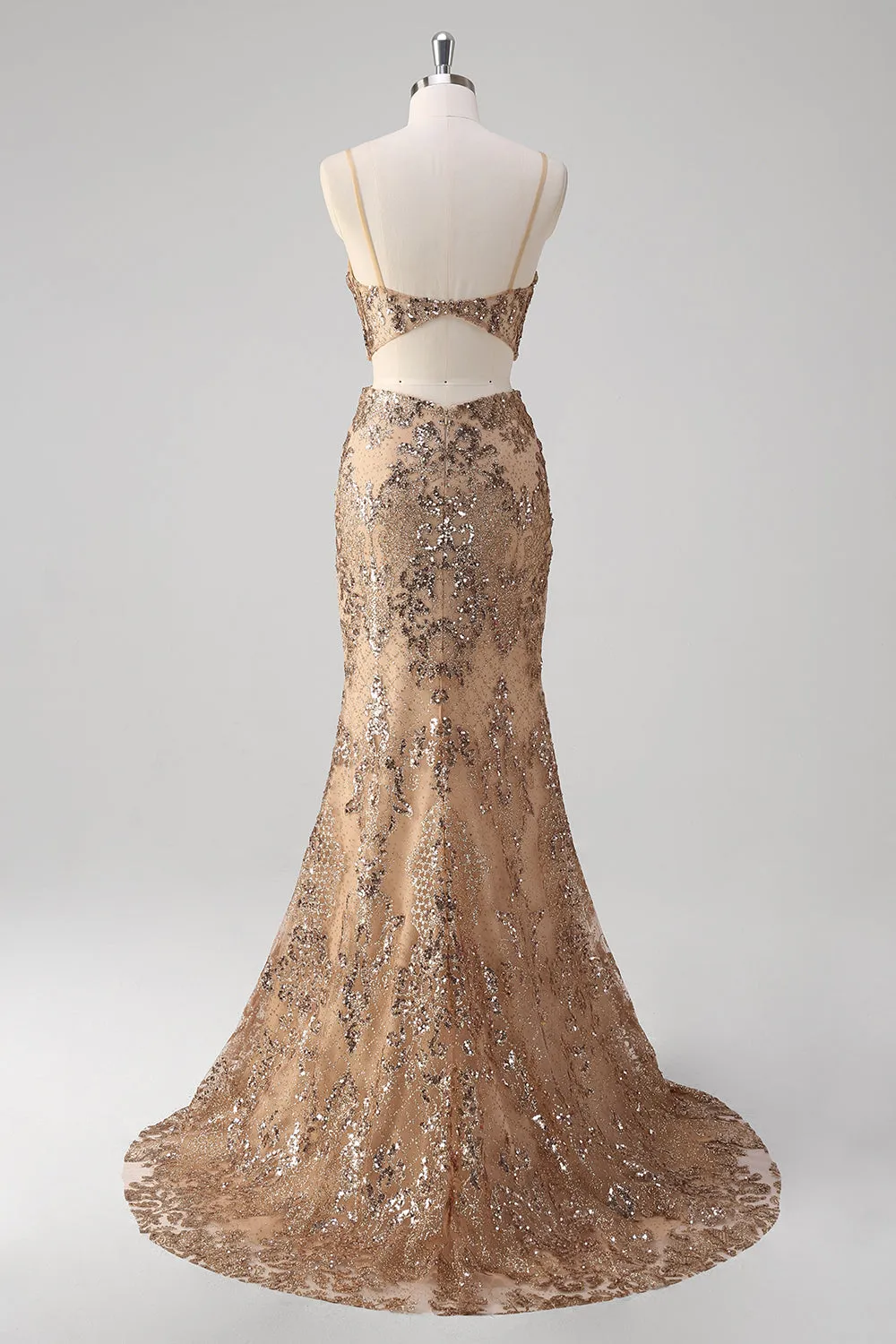 Sparkly Champagne Mermaid Cut Out Sequin Long Prom Dress with Slit sold by Wedtrend product image thumbnail 2