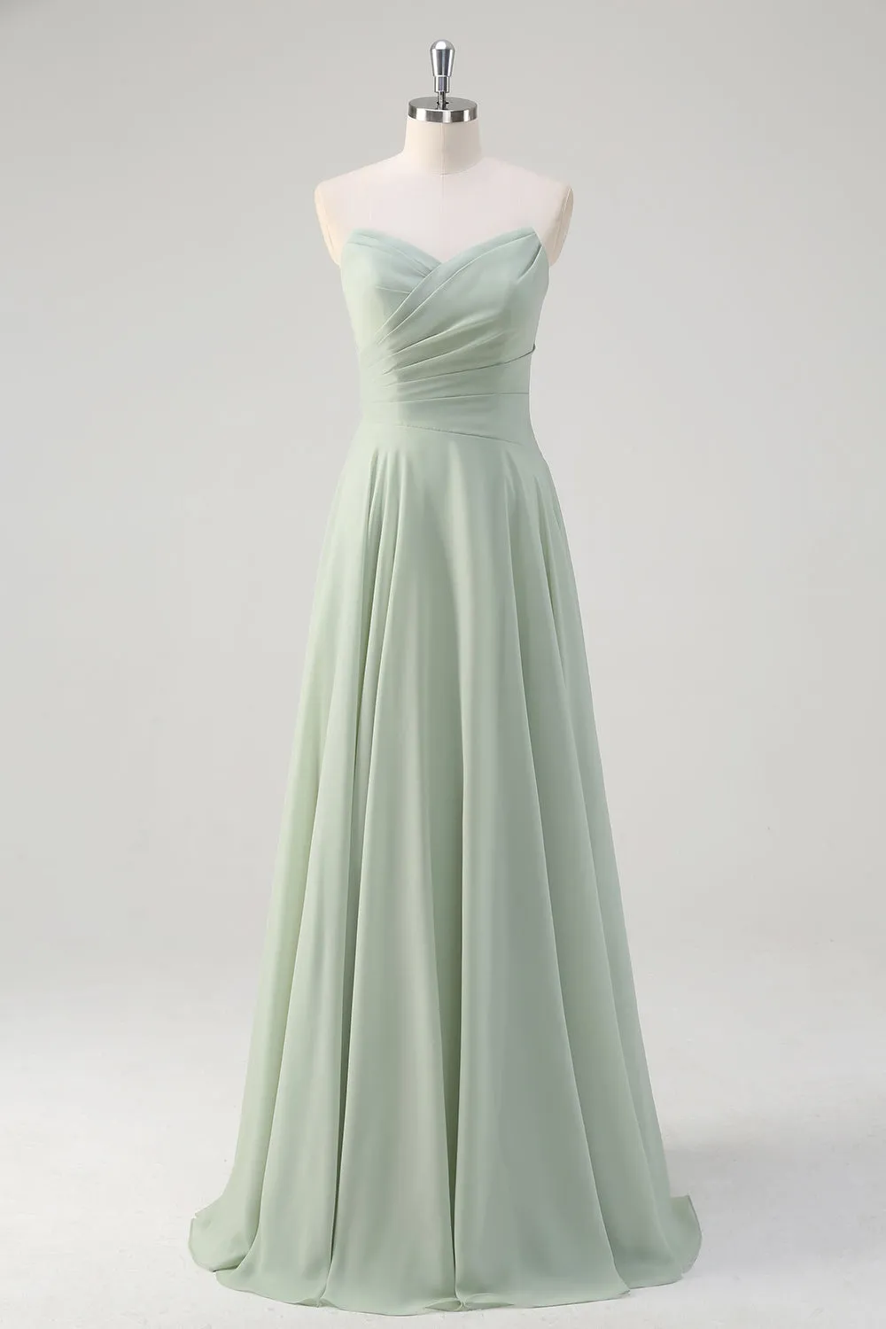 Matcha A Line Strapless Ruched Chiffon Backless Long Bridesmaid Dress sold by Wedtrend