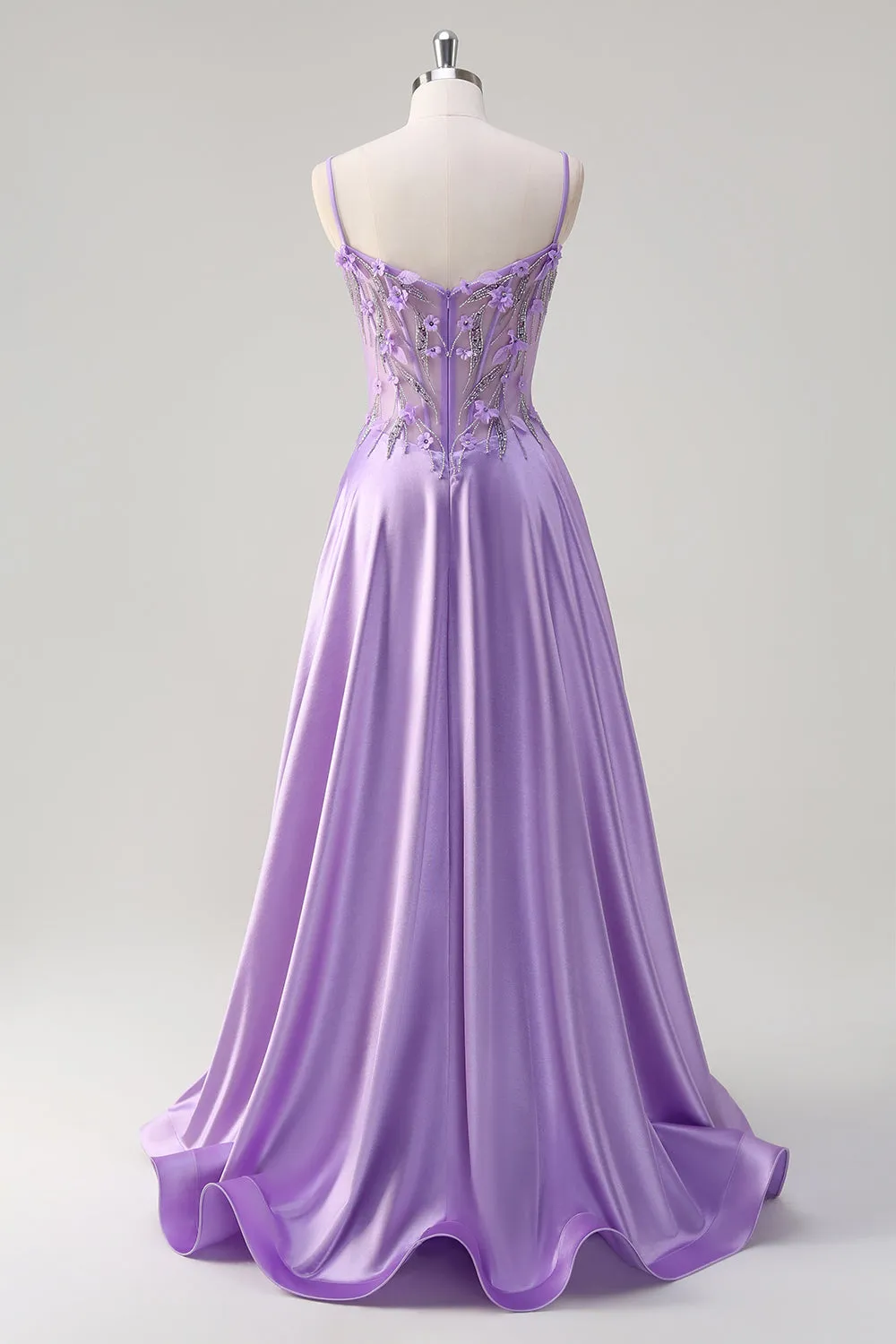 Purple Floral A Line 3D Flowers Sheer Corset Beaded Prom Dress with Slit sold by Wedtrend product image thumbnail 2