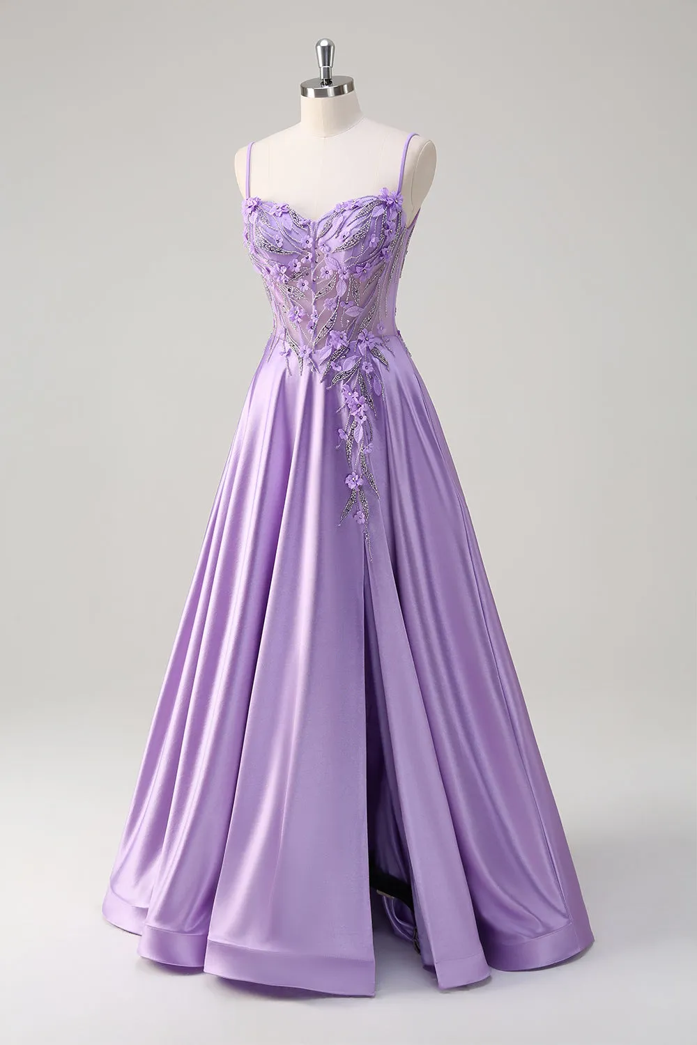 Purple Floral A Line 3D Flowers Sheer Corset Beaded Prom Dress with Slit sold by Wedtrend product image thumbnail 3