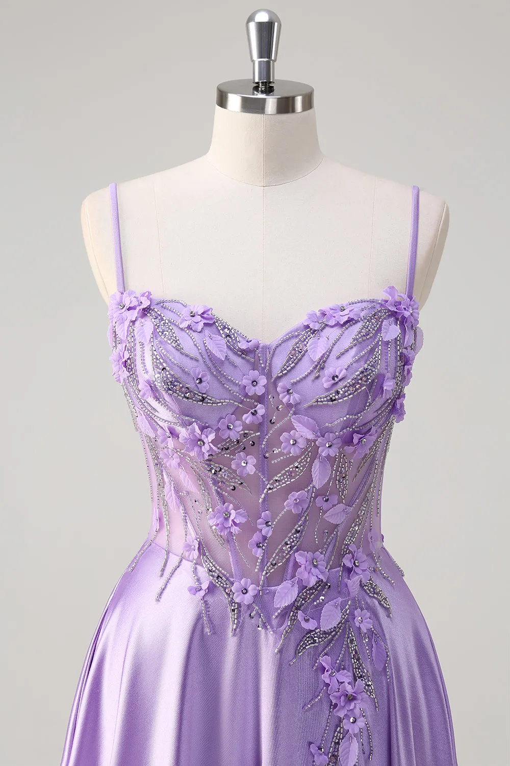 Purple Floral A Line 3D Flowers Sheer Corset Beaded Prom Dress with Slit sold by Wedtrend product image thumbnail 4