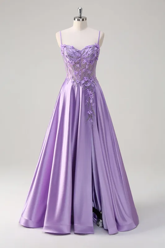 Purple Floral A Line 3D Flowers Sheer Corset Beaded Prom Dress with Slit made by Wedtrend