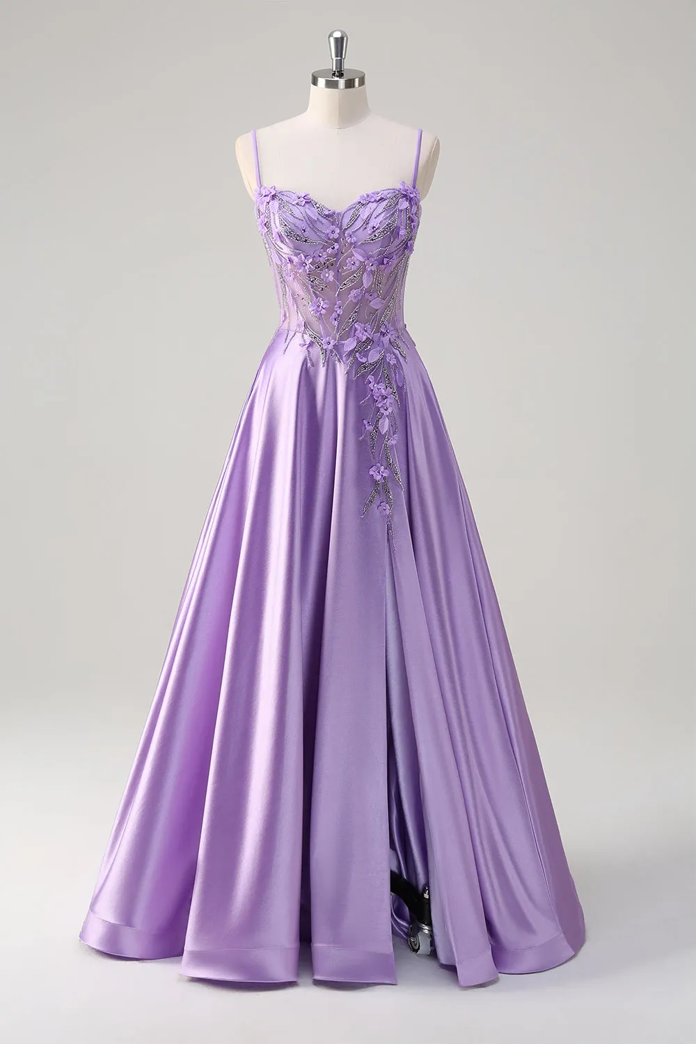 Purple Floral A Line 3D Flowers Sheer Corset Beaded Prom Dress with Slit sold by Wedtrend