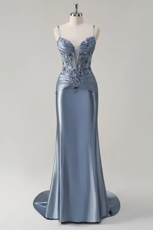 Sparkly Grey Blue Mermaid Ruched Corset Long Prom Dress with Appliques Sequins sold by Wedtrend