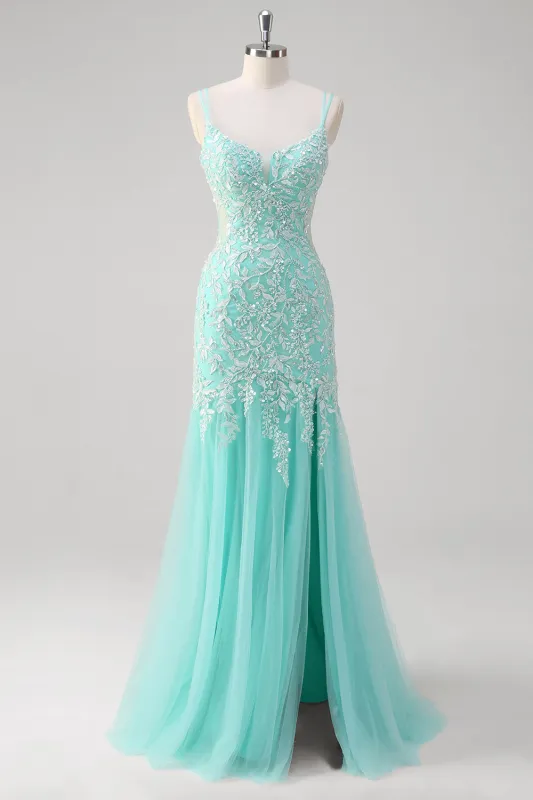 Sparkly Mint Mermaid Appliques Lace Sequin Long Prom Dress with Tulle Slit sold by Wedtrend