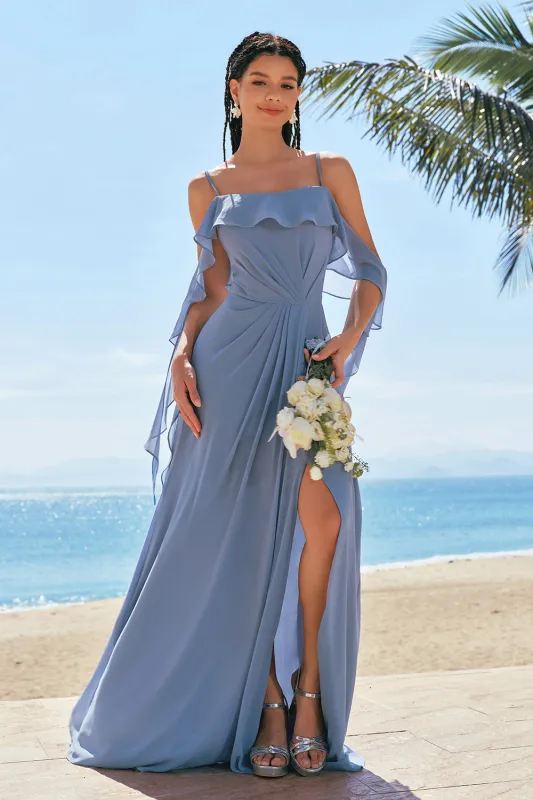 Grey Blue A-Line Cold Shoulder Ruched Chiffon Long Bridesmaid Dress with Slit sold by Wedtrend