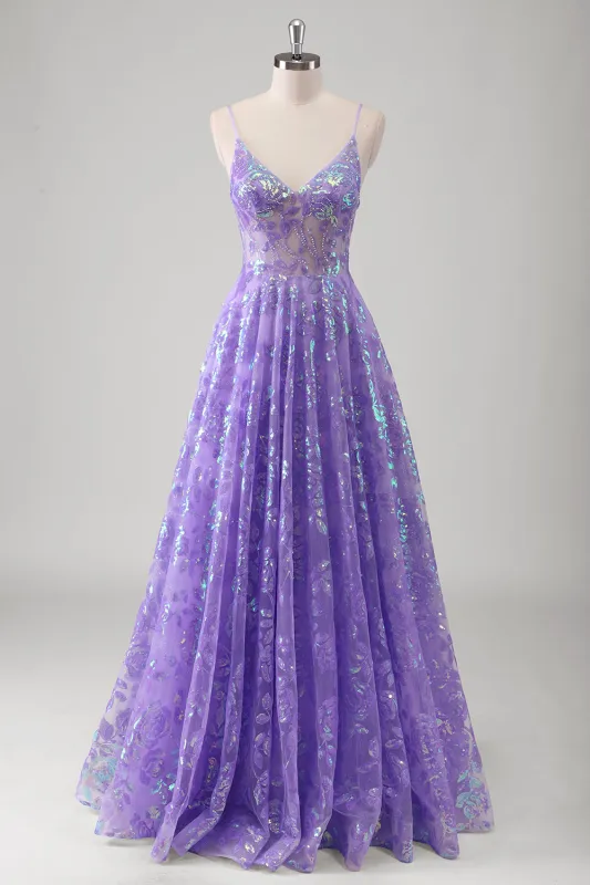 Sparkly Purple A-Line Spaghetti Straps Sheer Beaded Long Prom Dress With Sequins sold by Wedtrend
