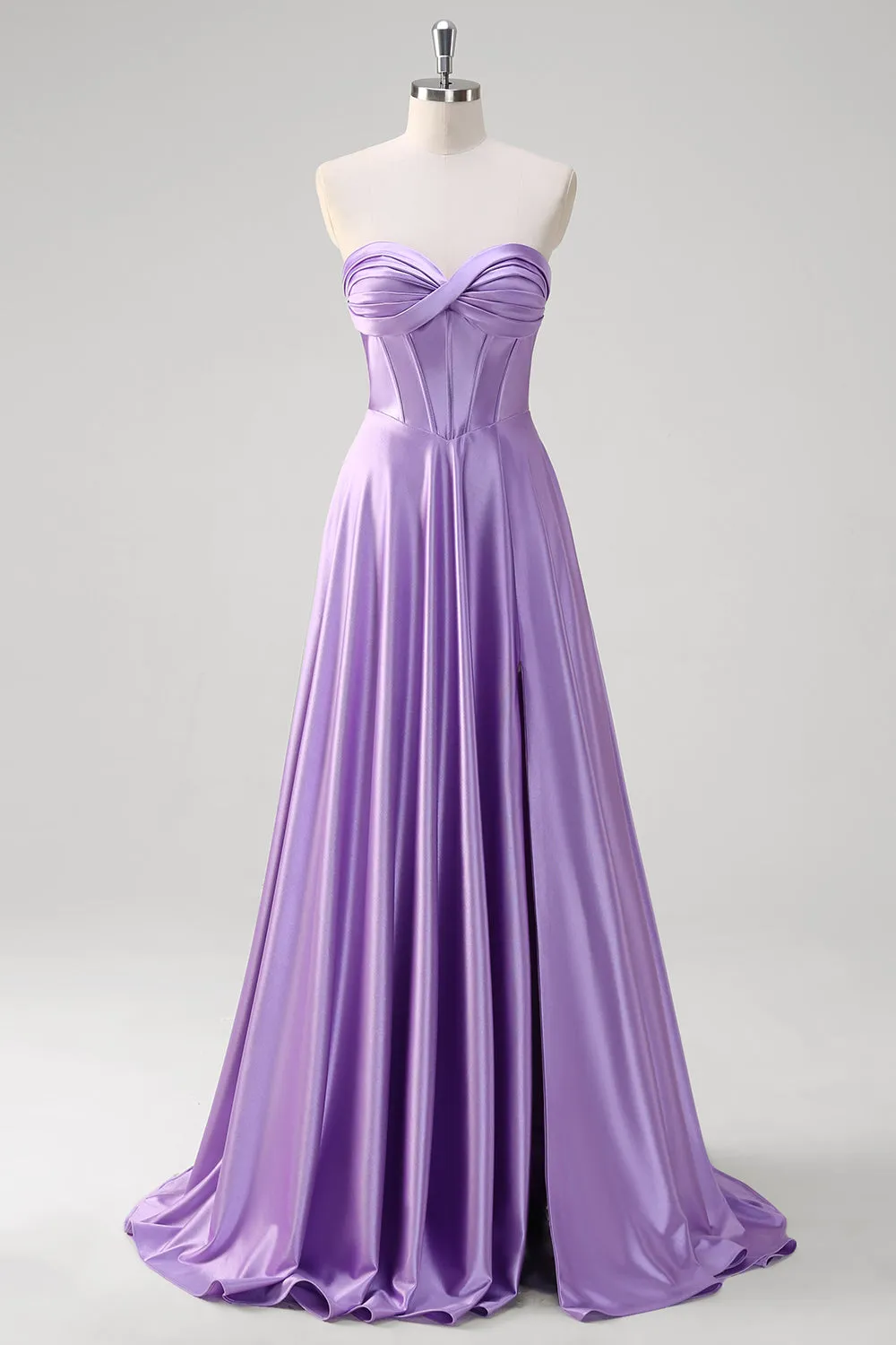 Purple A Line Sweetheart Corset Ruched Satin Long Prom Dress with Lace Up Back sold by Wedtrend