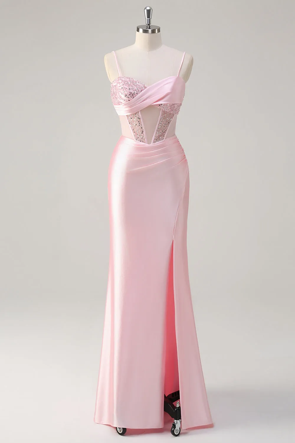 Sparkly Pink Mermaid Sheer Corset Ruched Sequin Long Prom Dress with Slit sold by Wedtrend