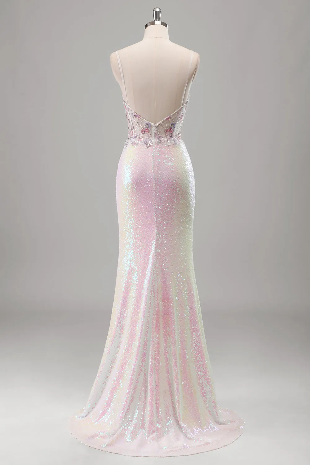 Sparkly Pink Mermaid Sequins Sheer Corset Open Back Long Prom Dress with Floral Slit sold by Wedtrend product image thumbnail 2