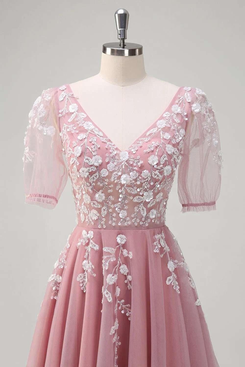 Blush A-Line V Neck Sequin Lace Up Back Long Prom Dress with Short Sleeves sold by Wedtrend product image thumbnail 4