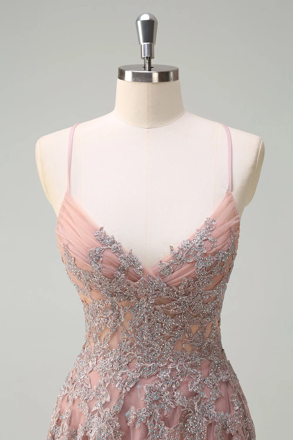 Blush Tulle A-Line Spaghetti Straps Beaded Long Prom Dress with Slit sold by Wedtrend product image thumbnail 4