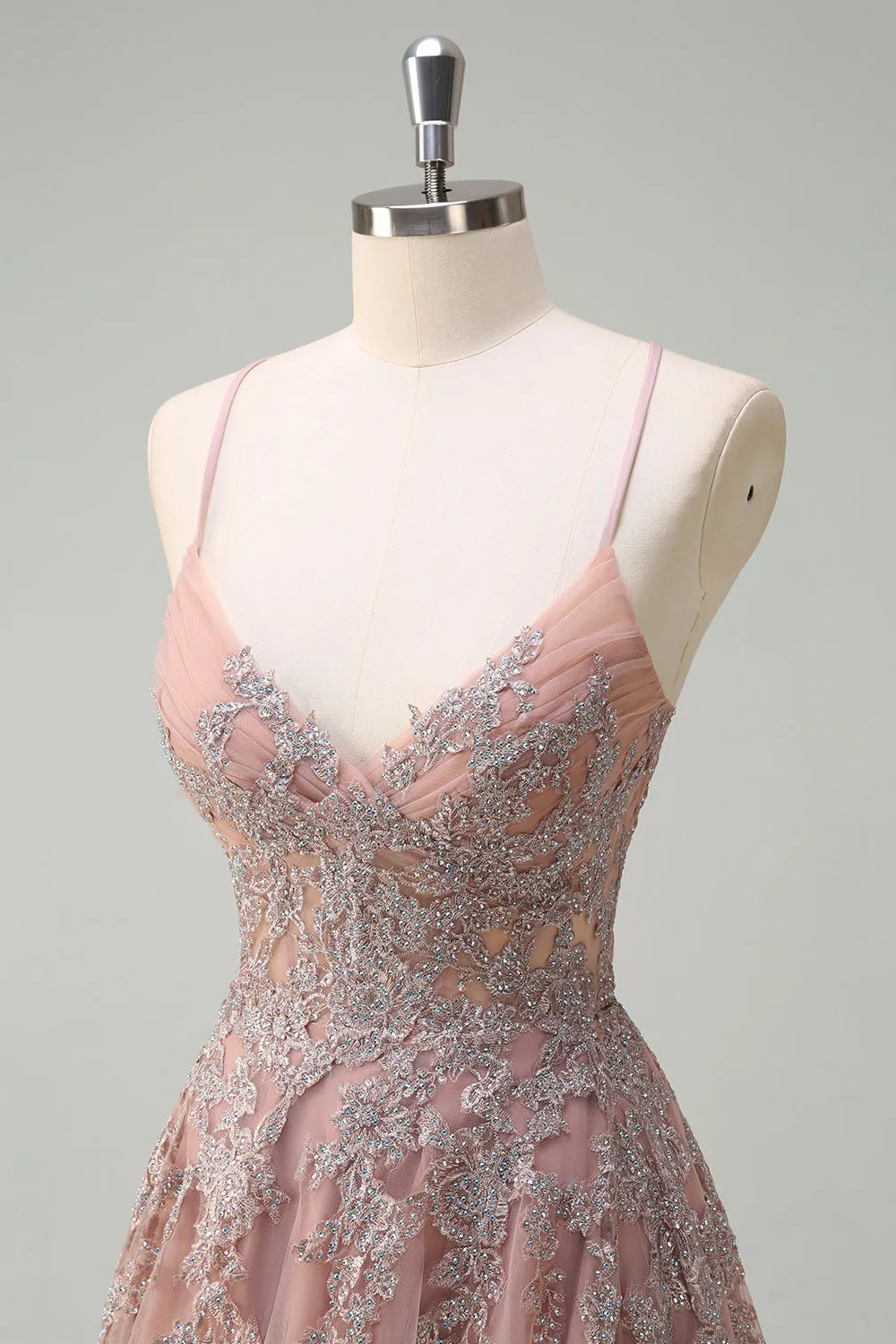 Blush Tulle A-Line Spaghetti Straps Beaded Long Prom Dress with Slit sold by Wedtrend product image thumbnail 5
