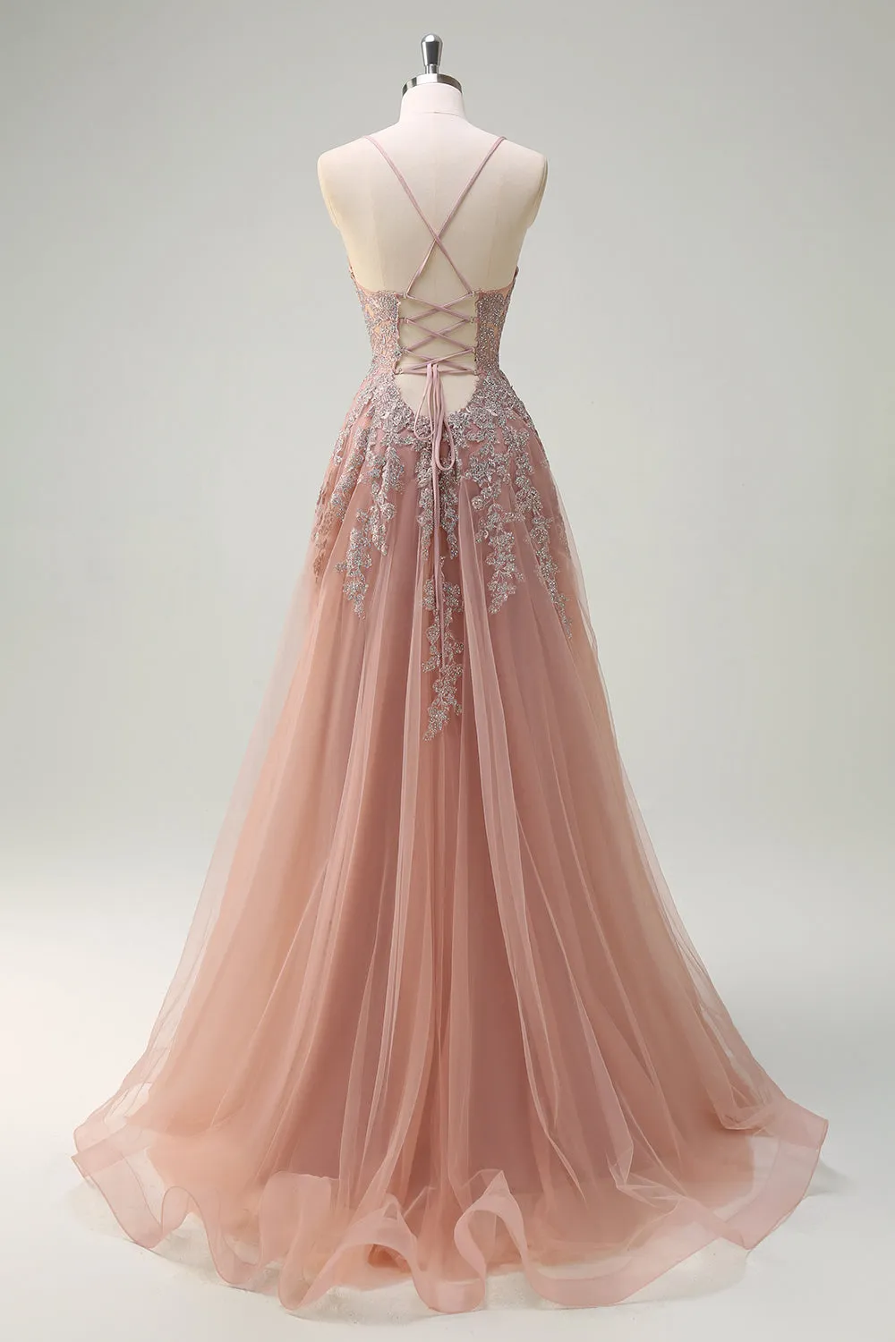 Blush Tulle A-Line Spaghetti Straps Beaded Long Prom Dress with Slit sold by Wedtrend product image thumbnail 2