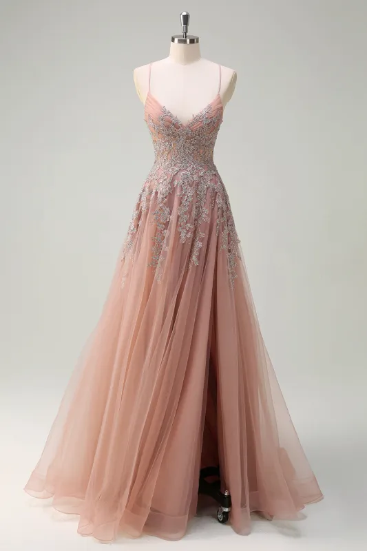 Blush Tulle A-Line Spaghetti Straps Beaded Long Prom Dress with Slit sold by Wedtrend