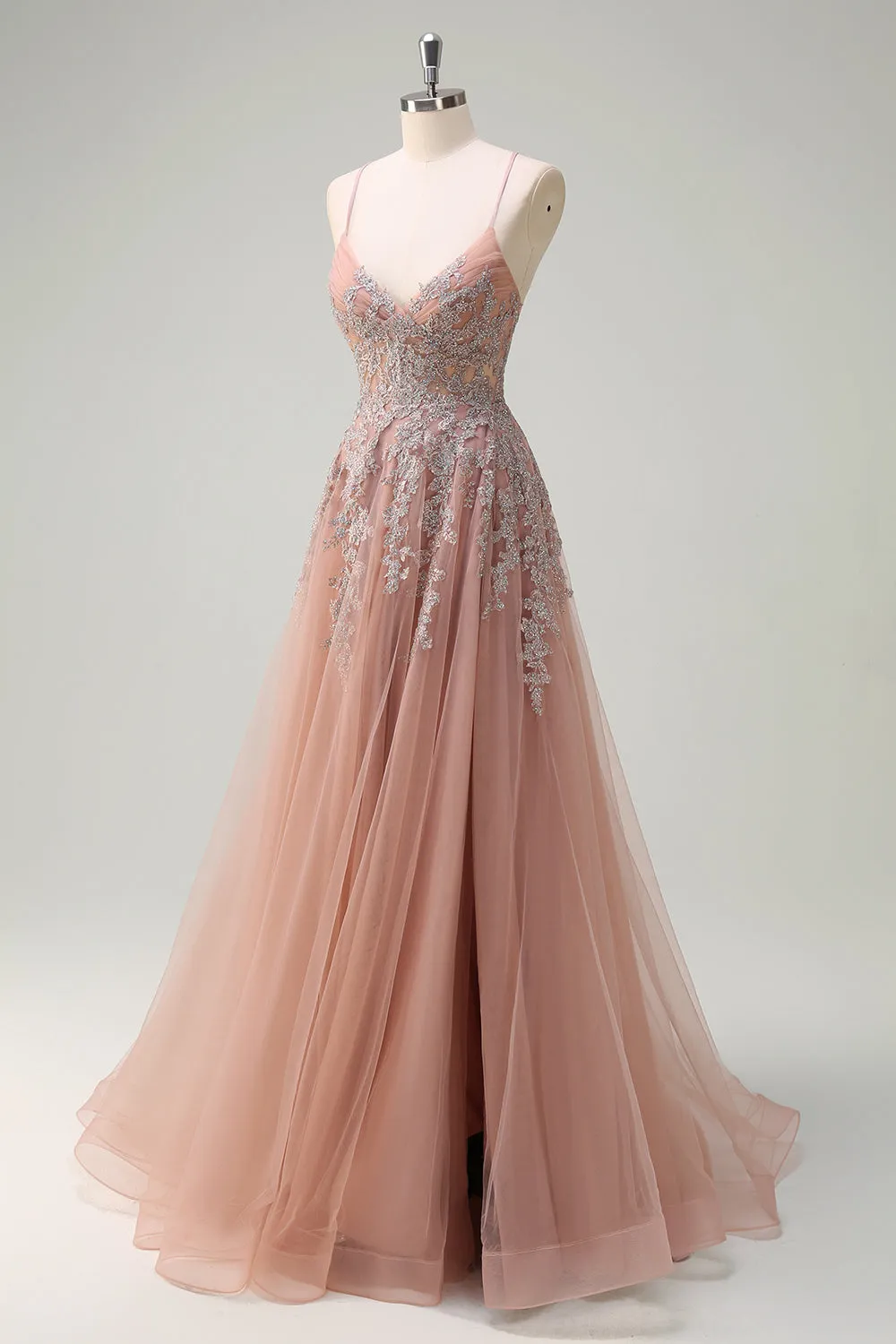 Blush Tulle A-Line Spaghetti Straps Beaded Long Prom Dress with Slit sold by Wedtrend product image thumbnail 3