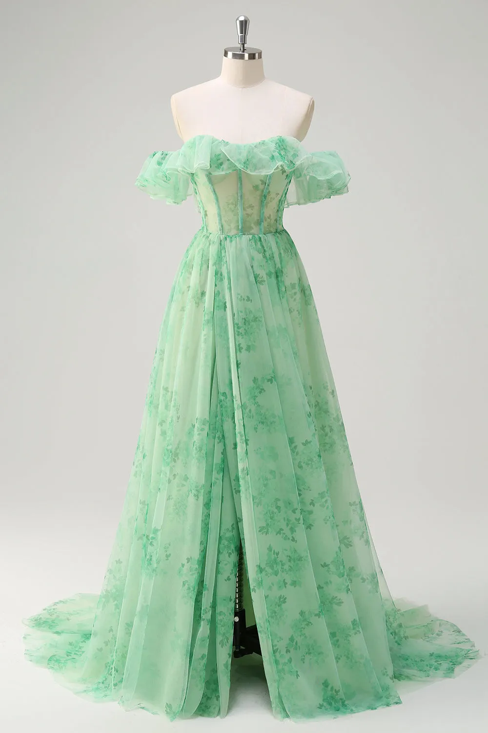Green A-Line Off The Shoulder Corset Print Floral Maxi Dress with Slit sold by Wedtrend