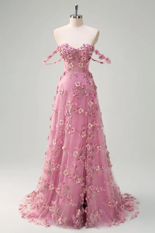 Taro A Line Off The Shoulder Corset 3D Flower Beaded Long Prom Dress With Slit made by Wedtrend