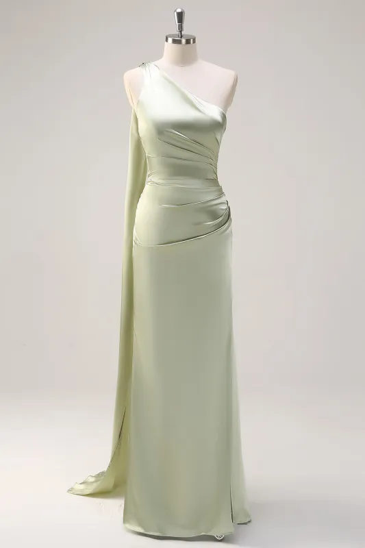 Sage Sheath One Shoulder Ruched Streamer Satin Bridesmaid Dress with Slit made by Wedtrend