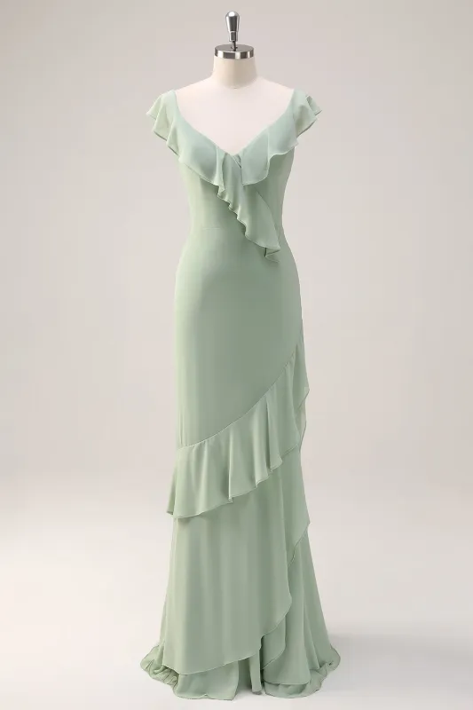 Dusty Sage Sheath V Neck Open Back Chiffon Long Bridesmaid Dress with Ruffles made by Wedtrend