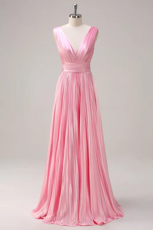Pink A Line V Neck Ruched Open Back Bright Satin Long Bridesmaid Dress sold by Wedtrend