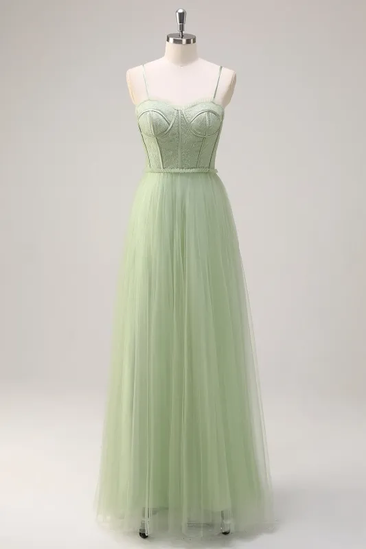 Sage A Line Spaghetti Straps Corset Long Tulle Bridesmaid Dress made by Wedtrend