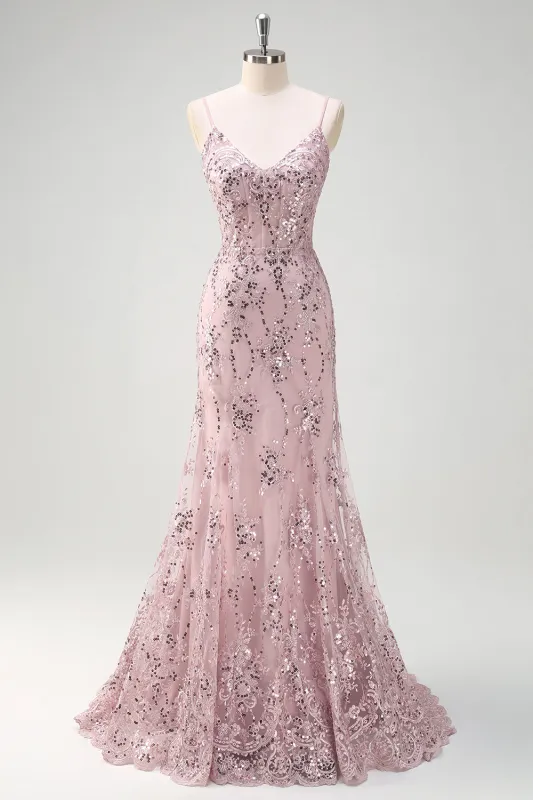 Sparkly Grey Pink Mermaid V Neck Corset Sequin Prom Dress With Lace Up Back made by Wedtrend