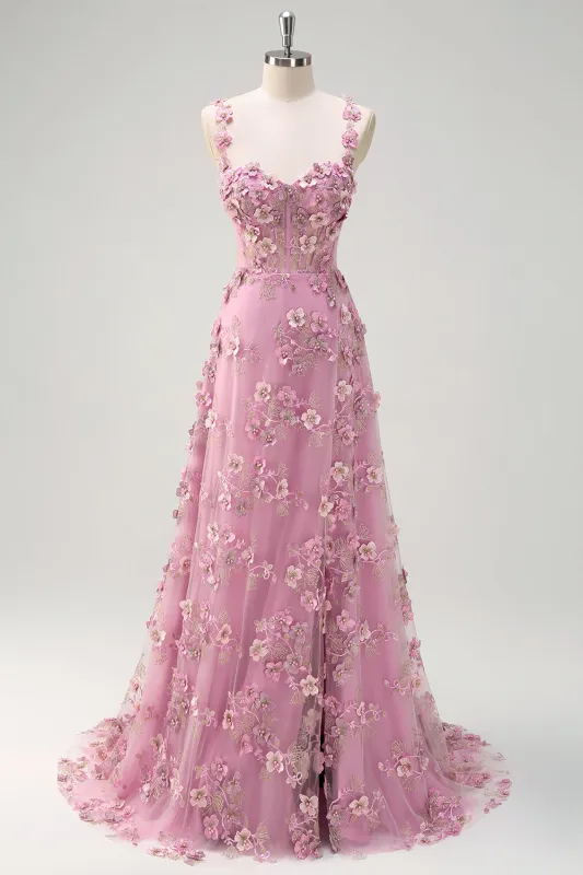 Taro A Line Spaghetti Straps Corset 3D Flower Beaded Convertible Long Prom Dress With Slit made by Wedtrend