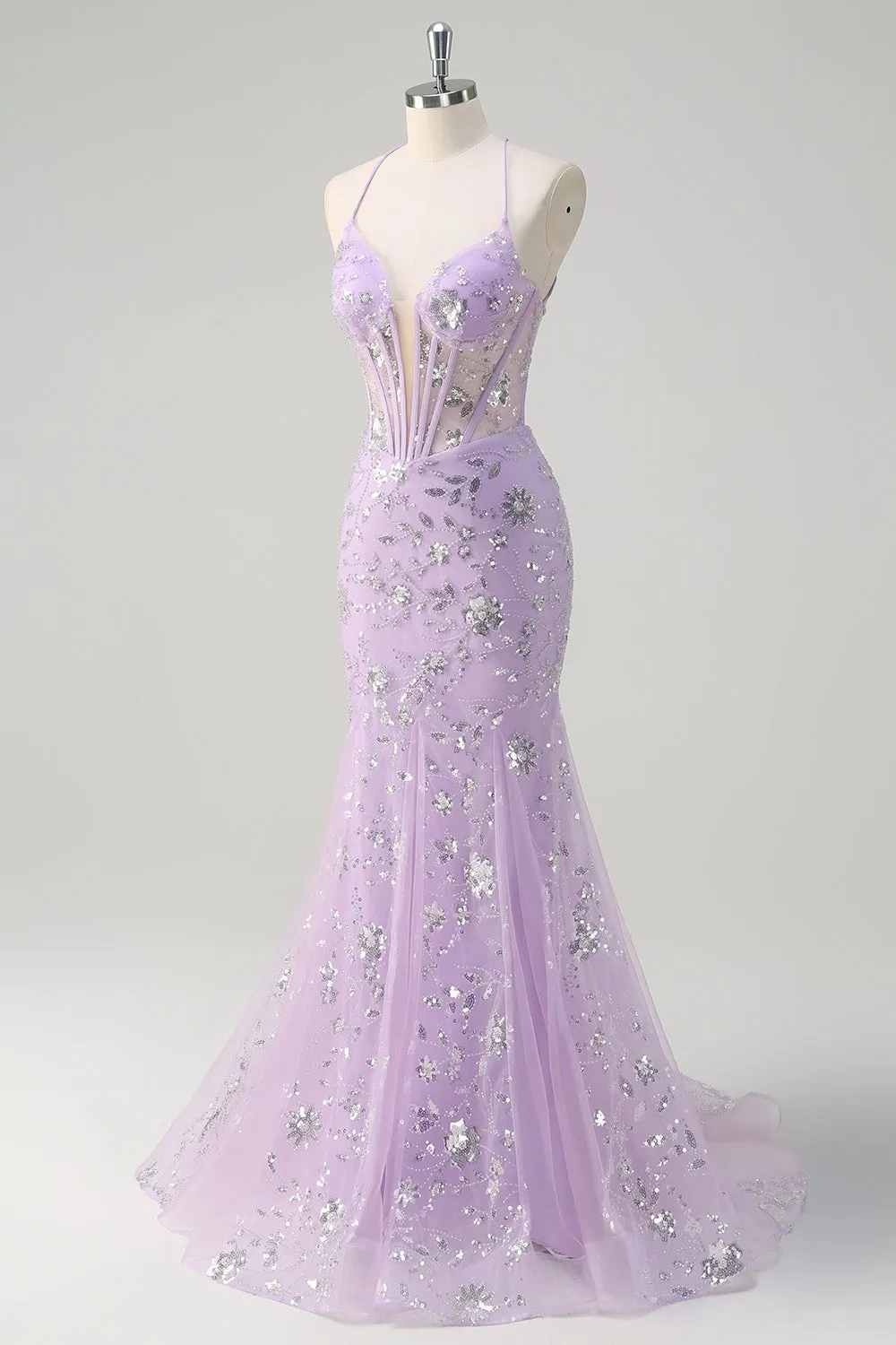 Sparkly Lilac Mermaid Spaghetti Straps Corset Sequin Long Prom Dress With Lace Up Back sold by Wedtrend product image thumbnail 3