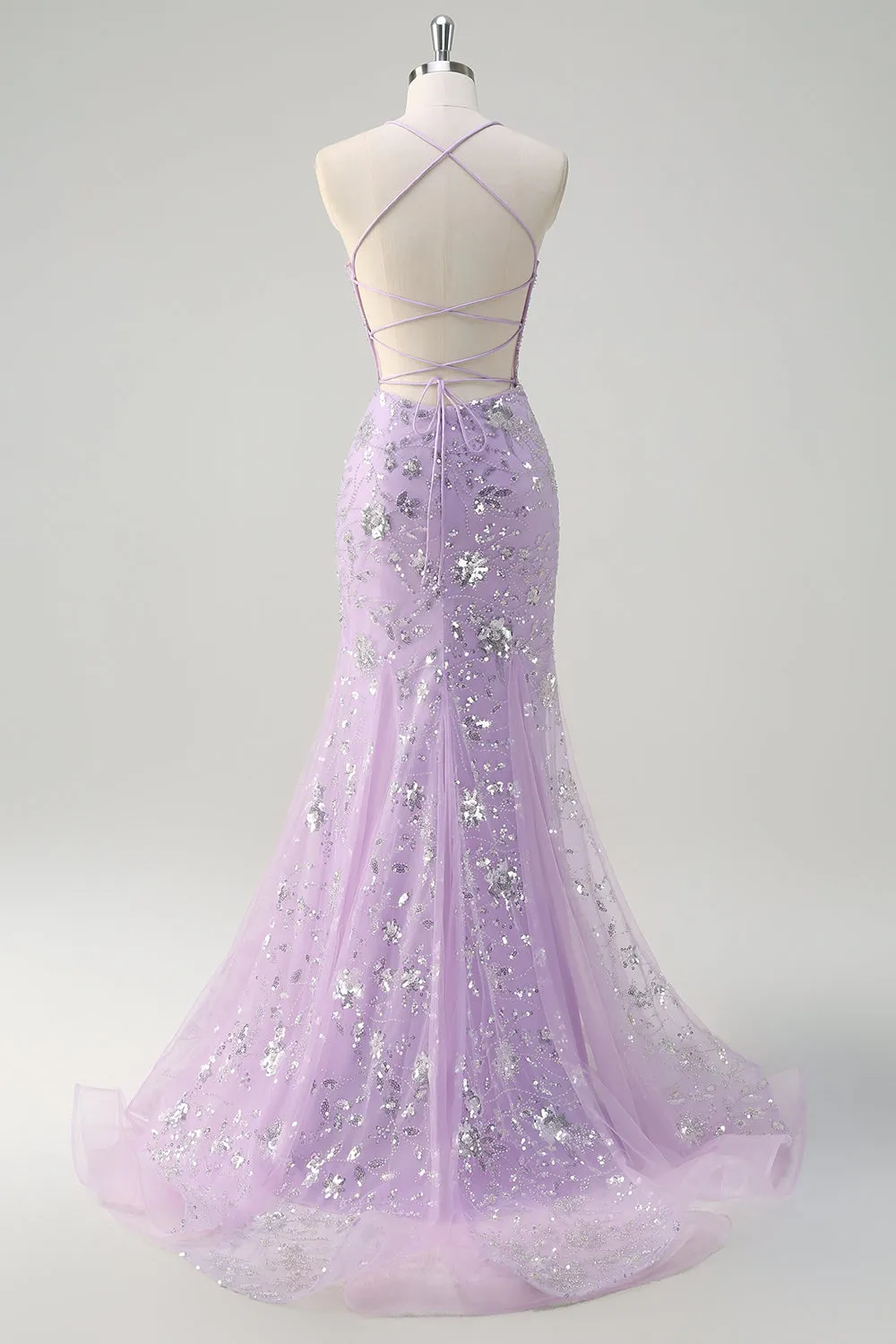 Sparkly Lilac Mermaid Spaghetti Straps Corset Sequin Long Prom Dress With Lace Up Back sold by Wedtrend product image thumbnail 2