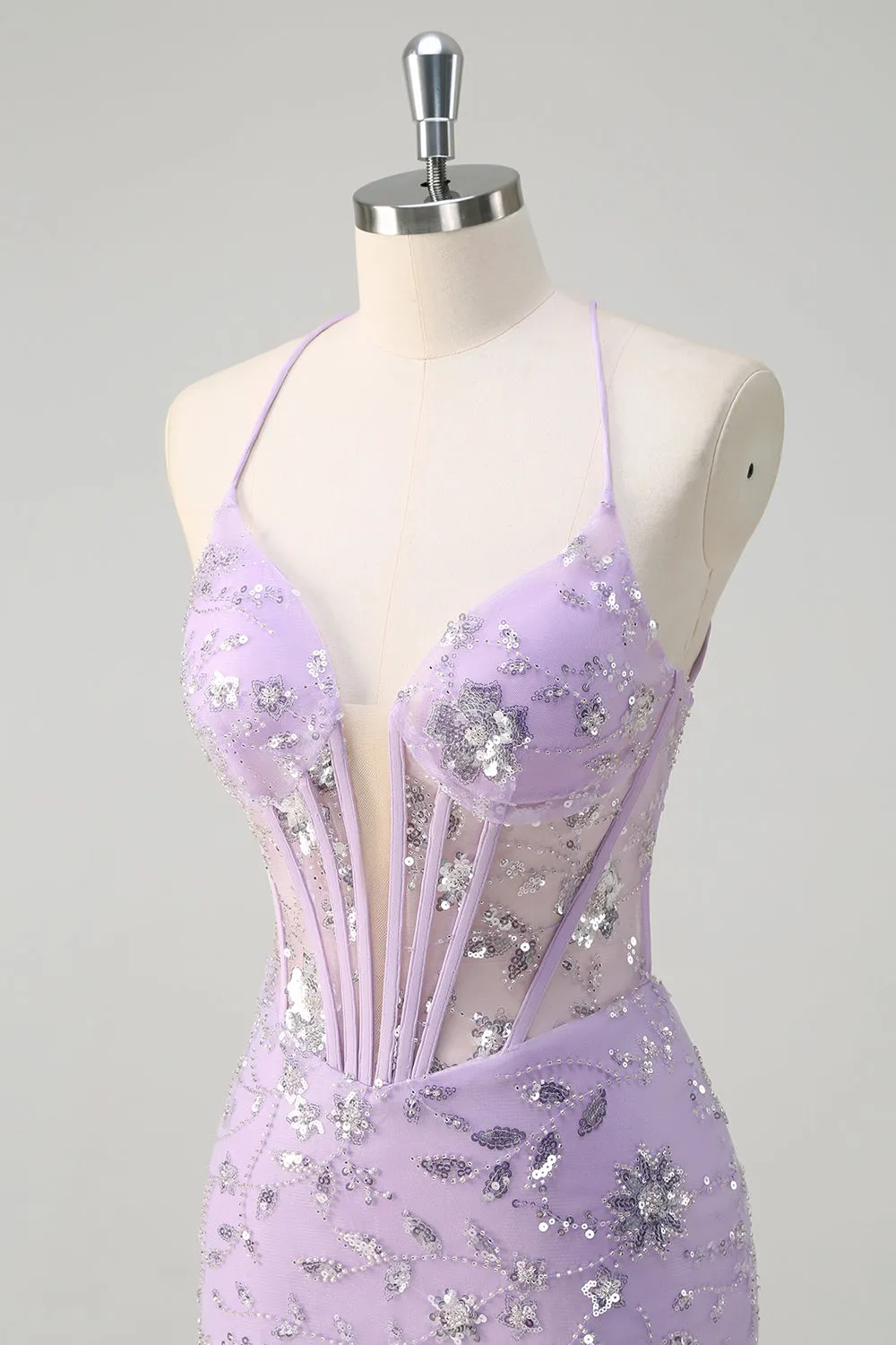 Sparkly Lilac Mermaid Spaghetti Straps Corset Sequin Long Prom Dress With Lace Up Back sold by Wedtrend product image thumbnail 5