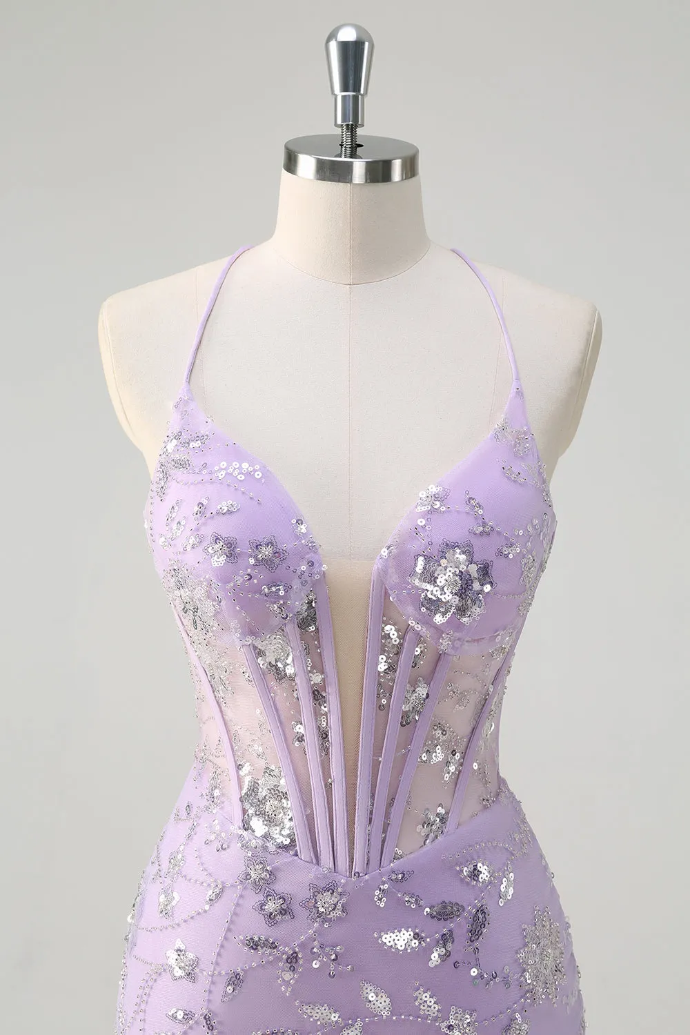 Sparkly Lilac Mermaid Spaghetti Straps Corset Sequin Long Prom Dress With Lace Up Back sold by Wedtrend product image thumbnail 4