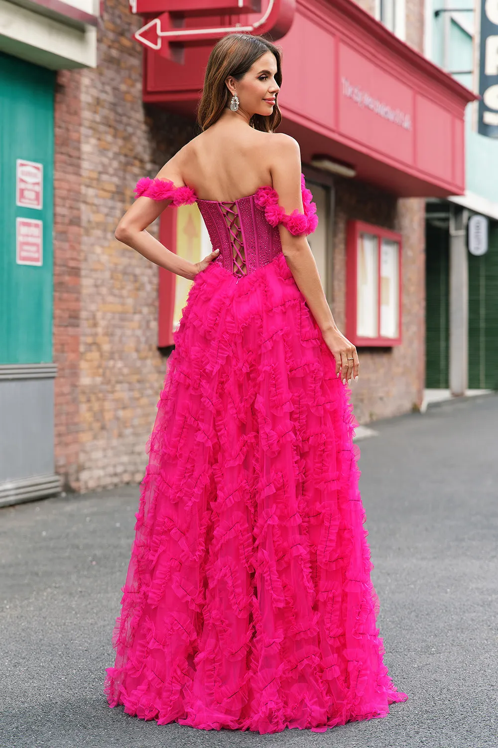 Fuchsia A-Line Off The Shoulder Ruched Tiered Corset Beaded Prom Dress with Slit sold by Wedtrend product image thumbnail 4