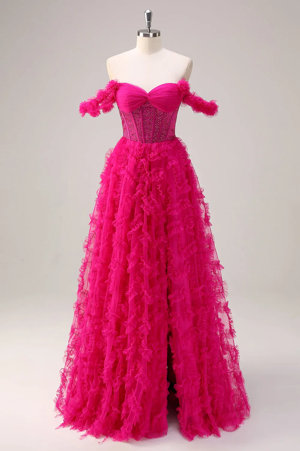 Fuchsia A-Line Off The Shoulder Ruched Tiered Corset Beaded Prom Dress with Slit sold by Wedtrend
