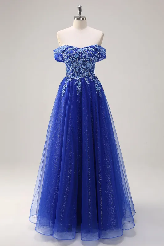 Sparkly Royal Blue A-Line Off The Shoulder Sequin Long Prom Dress with Appliques made by Wedtrend
