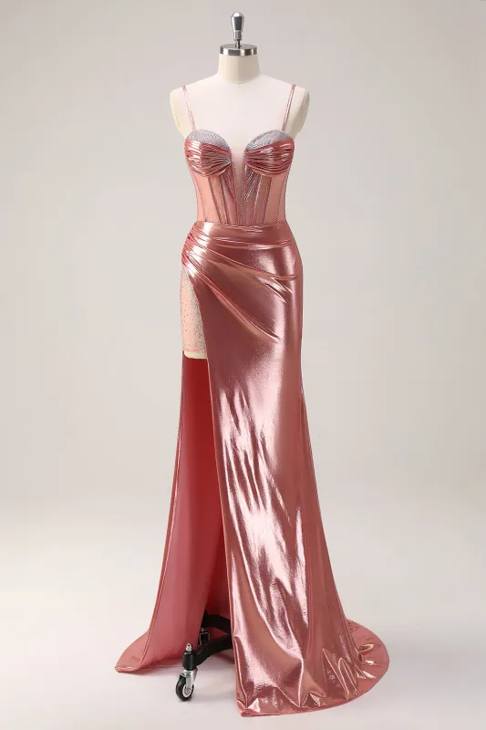 Blush Metallic Mermaid Spaghetti Straps Beaded Long Prom Dress with Slit made by Wedtrend