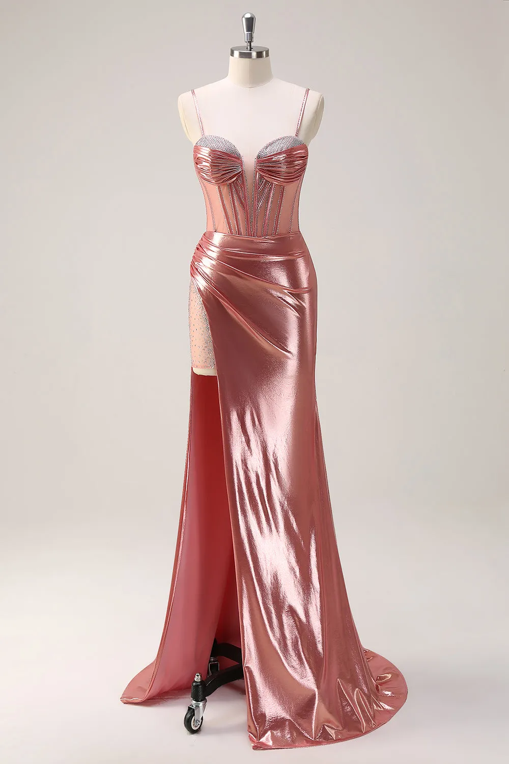 Blush Metallic Mermaid Spaghetti Straps Beaded Long Prom Dress with Slit sold by Wedtrend