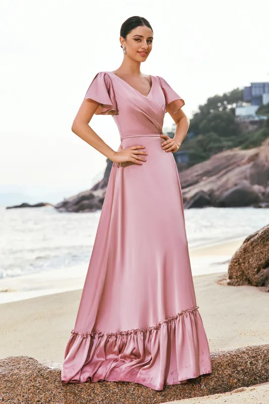 Blush Pink A-Line V Neck Ruffle Sleeves Long Satin Bridesmaid Dress made by Wedtrend