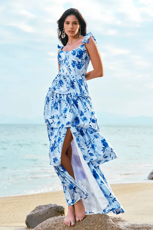 Blue Flower A-Line Corset Tiered Print Long Bridesmaid Dress with Ruffles made by Wedtrend