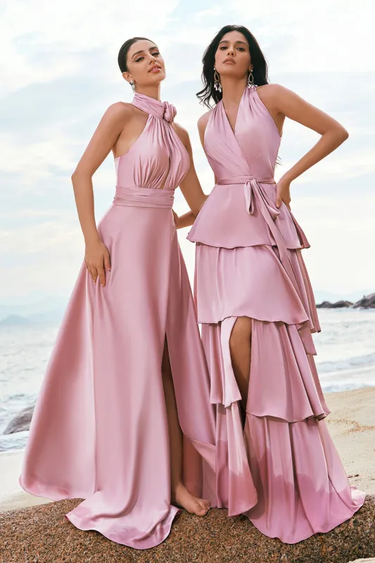 Pink A-Line V-Neck Tiered Ruched Satin Long Bridesmaid Dress with Ruffle Slit made by Wedtrend