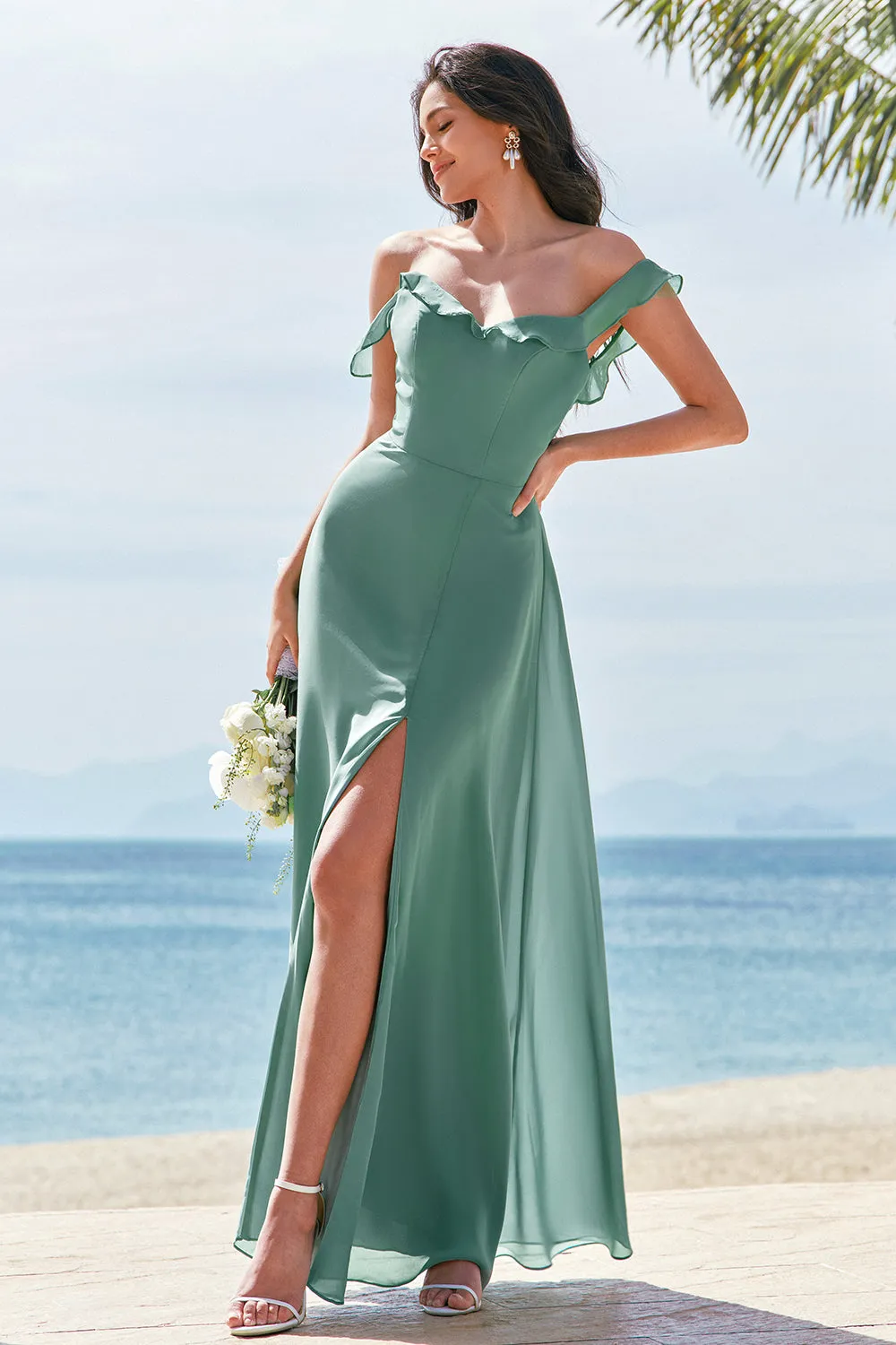Eucalyptus A-Line Square Neck Backless Floor Length Bridesmaid Dress with Slit sold by Wedtrend