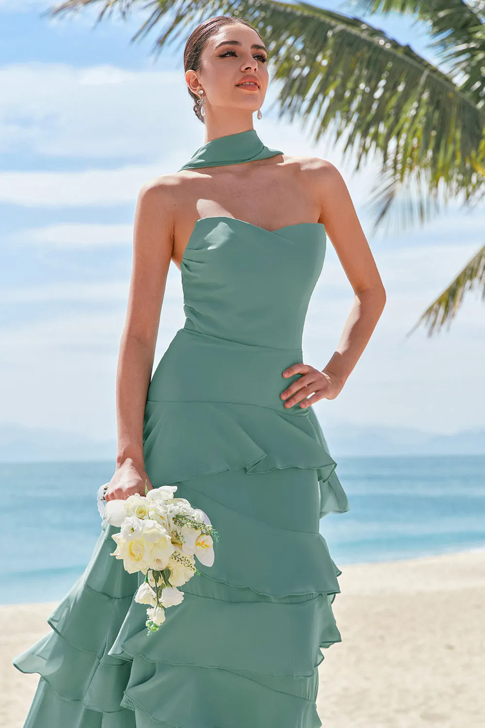 Eucalyptus A-Line Strapless Tiered Ruched Chiffon Long Bridesmaid Dress sold by Wedtrend product image thumbnail 5