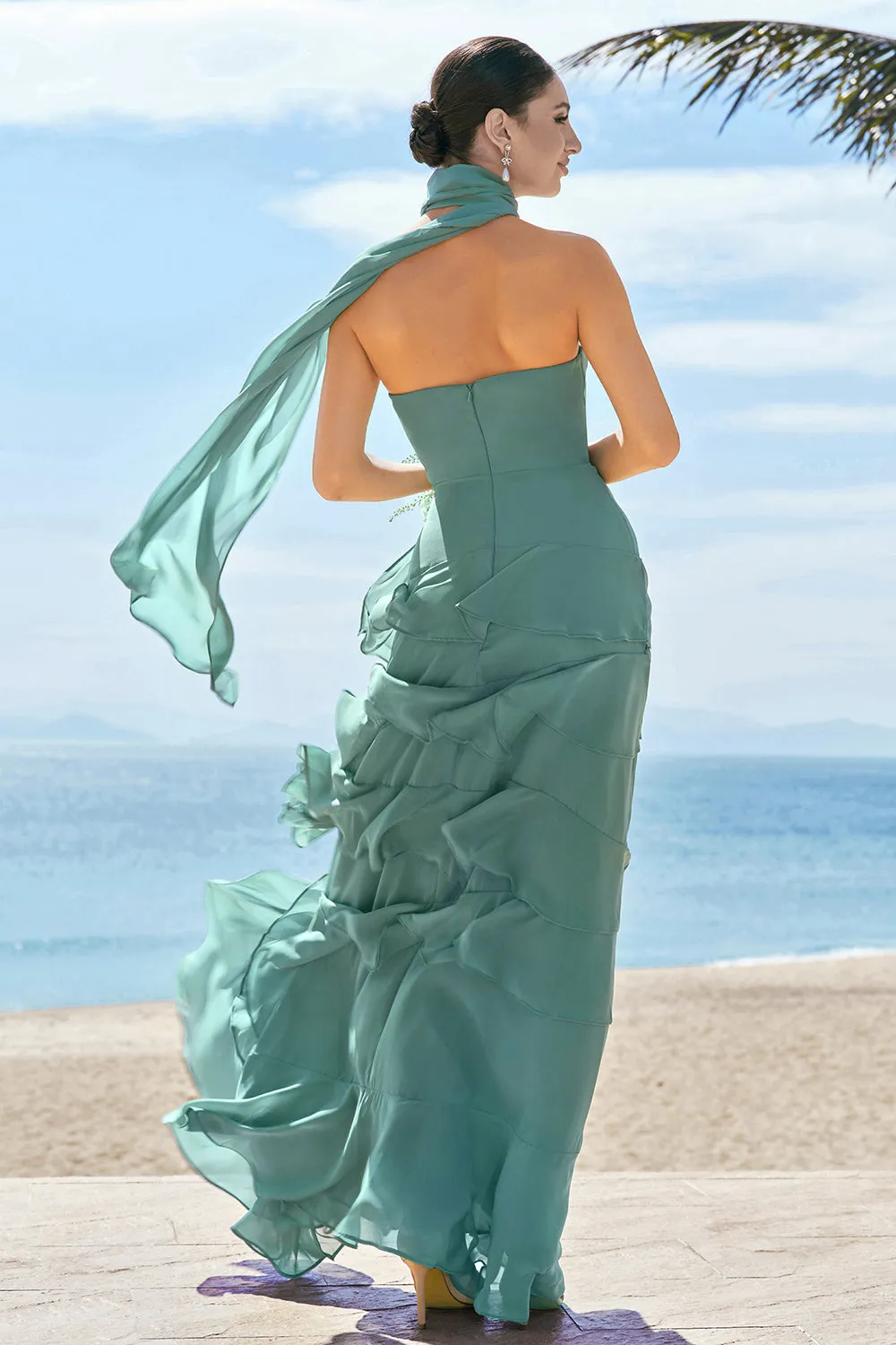 Eucalyptus A-Line Strapless Tiered Ruched Chiffon Long Bridesmaid Dress sold by Wedtrend product image thumbnail 2