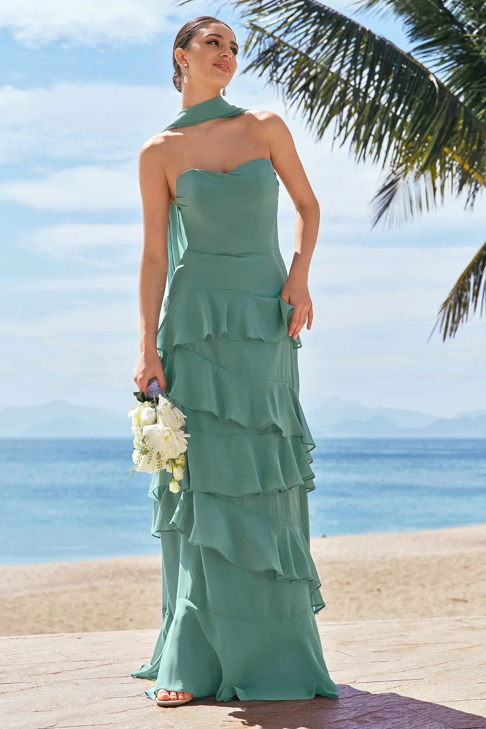 Eucalyptus A-Line Strapless Tiered Ruched Chiffon Long Bridesmaid Dress sold by Wedtrend